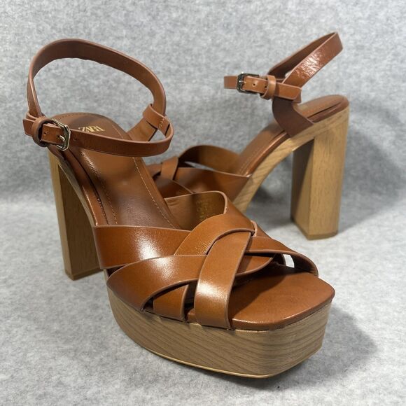 Zara‎ Block Leather Platform Women's 8 US /39 EU Wide Heels Ankle Buckle Strap - Picture 6 of 15